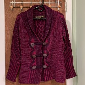 Inis Crafts Cable Knit 100% merino Wool button front Sweater made in Ireland